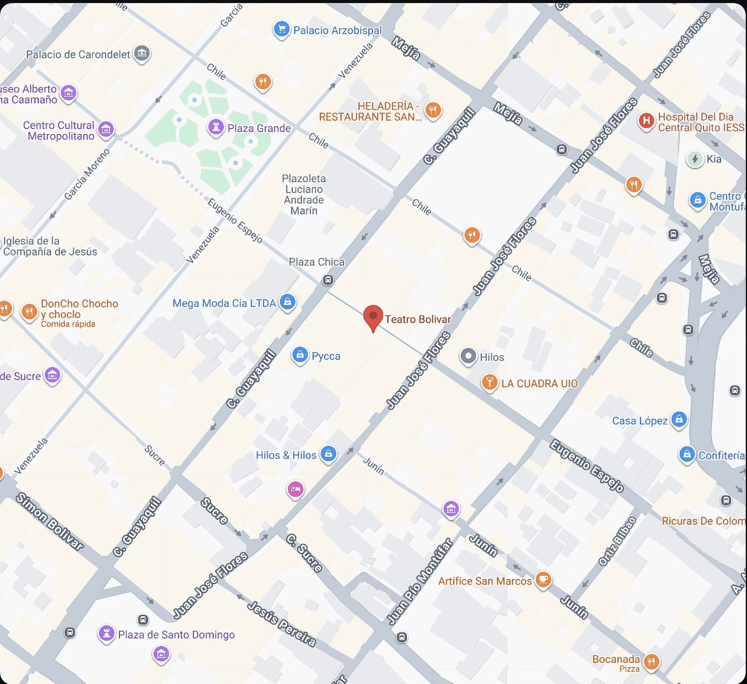 Mapa del Centro Histórico de Quito con la ubicación del Teatro Bolívar